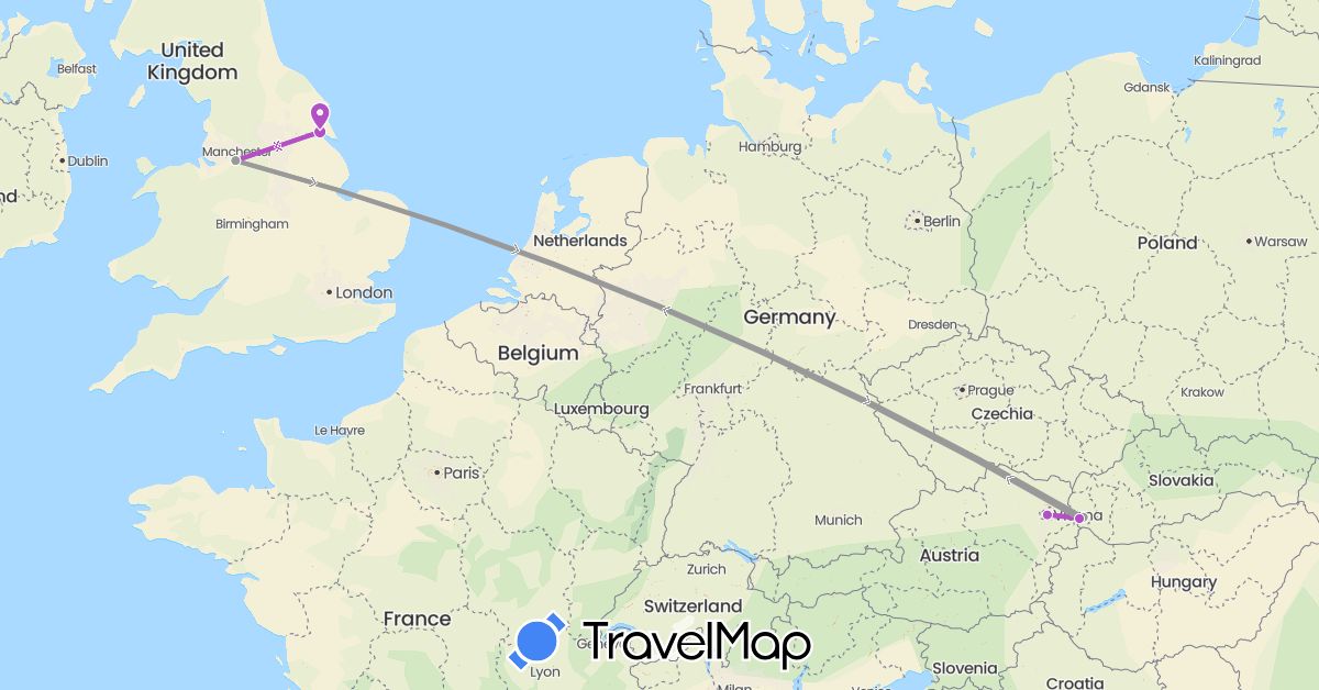 TravelMap itinerary: driving, plane, train in Austria, United Kingdom, Slovakia (Europe)